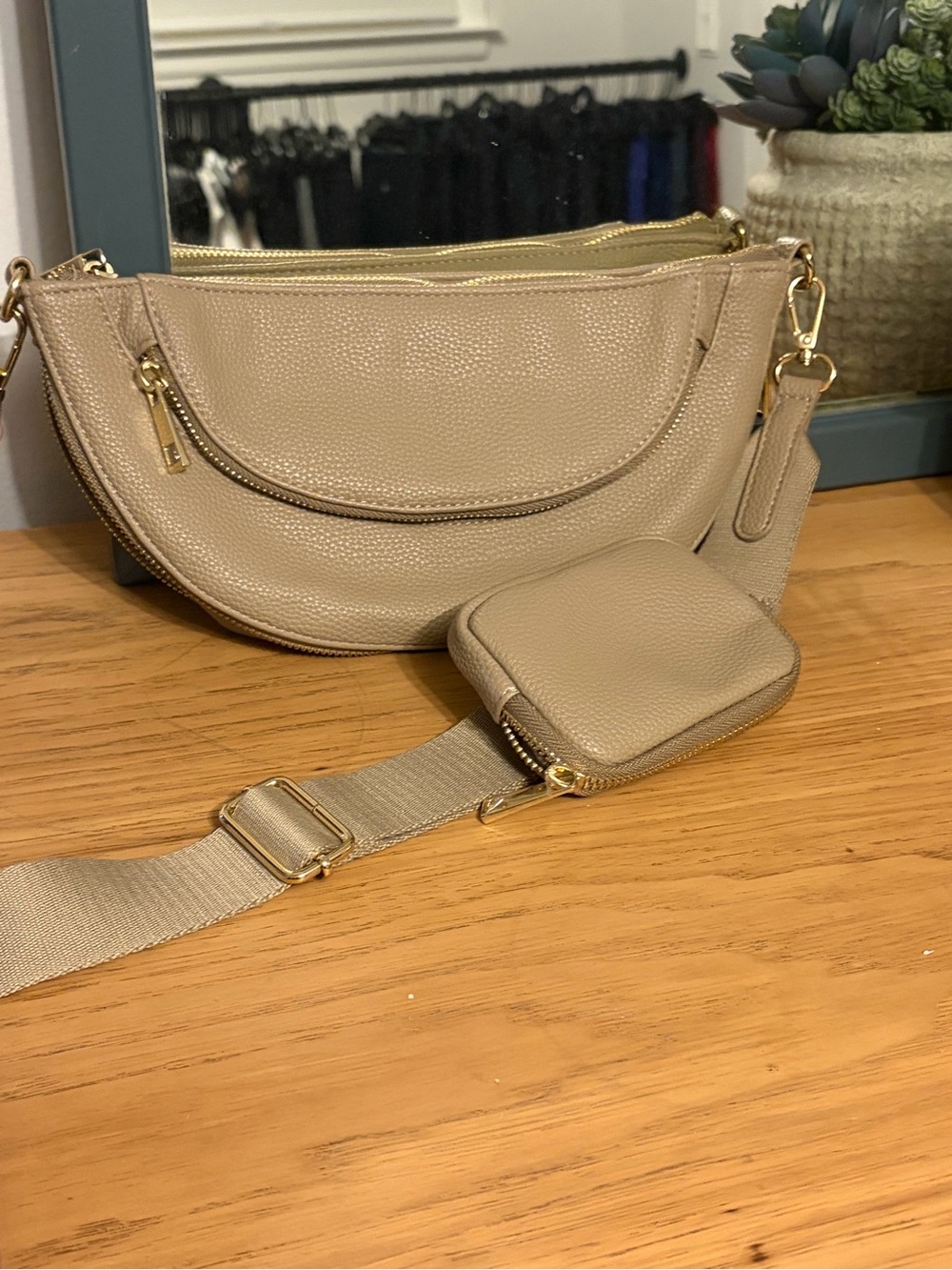 Sondra Roberts Taupe Crossbody Belt Bag with Detachable Coin Pouch